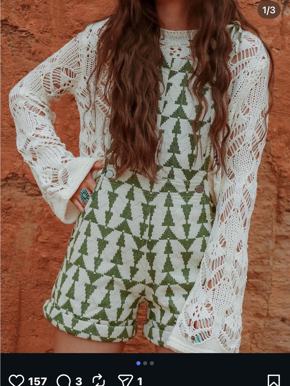 En Crème Green Tree-Print Knit Short Overalls